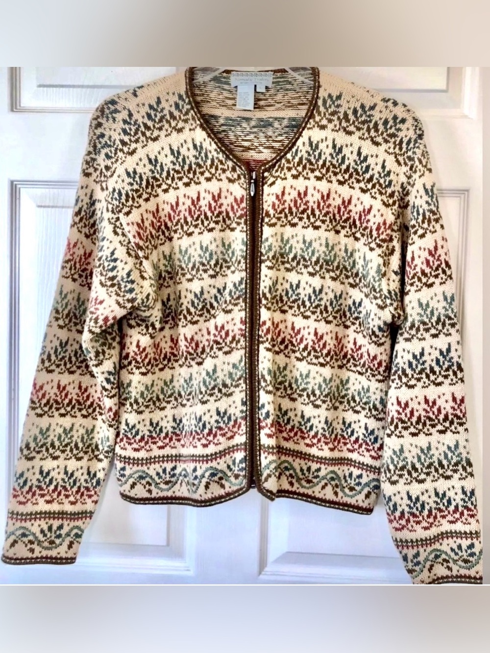 Vtg Nomadic Traders Zip Front Cardigan Floral Leaf Pattern Cotton Size Large